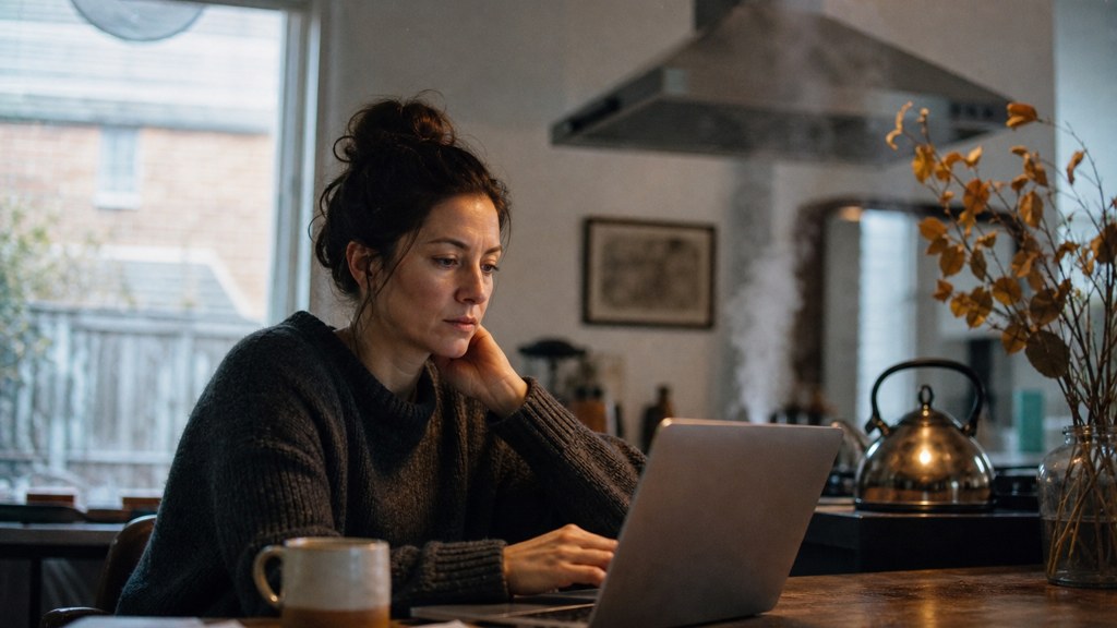 A service-business owner at a kitchen table typing a question into a laptop while a kettle steams behind, photographed in Fayetteville