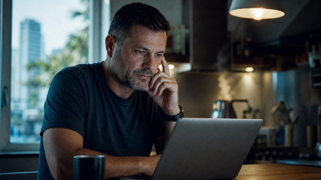 A service-business owner at a kitchen table typing a question into a laptop while a kettle steams behind, photographed in Fort Lauderdale