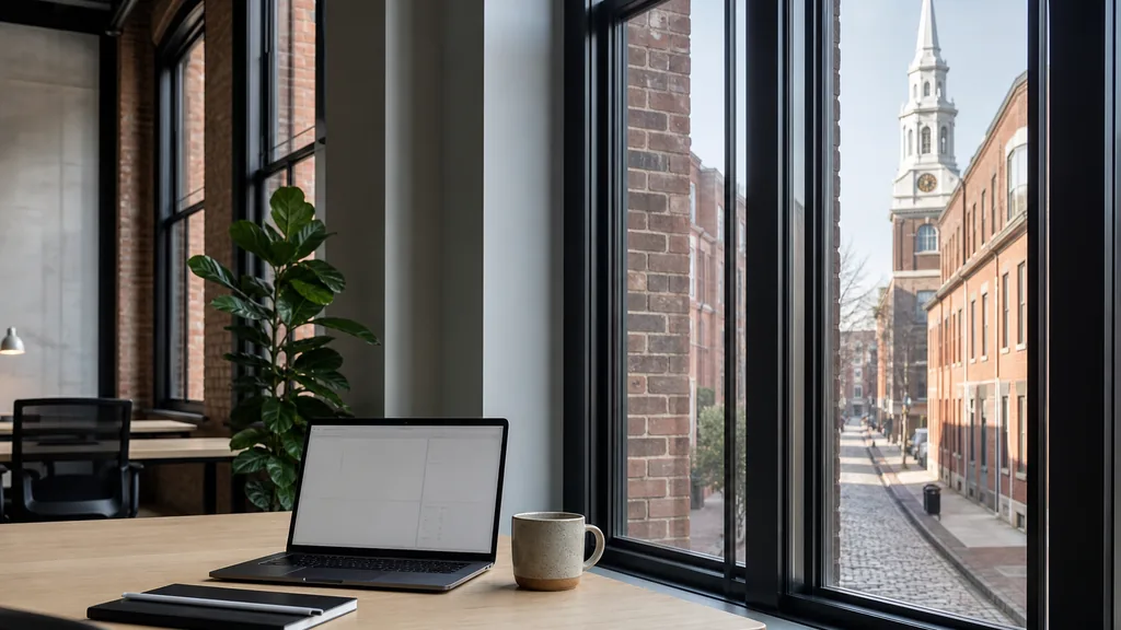 Editorial photograph of an empty modern paid search agency workspace in a Philadelphia Old City brick loft office with tall sash windows onto a cobbled street and a church spire, a laptop showing a blank dashboard, a notebook and a ceramic mug on a pale oak desk, no people and no signage