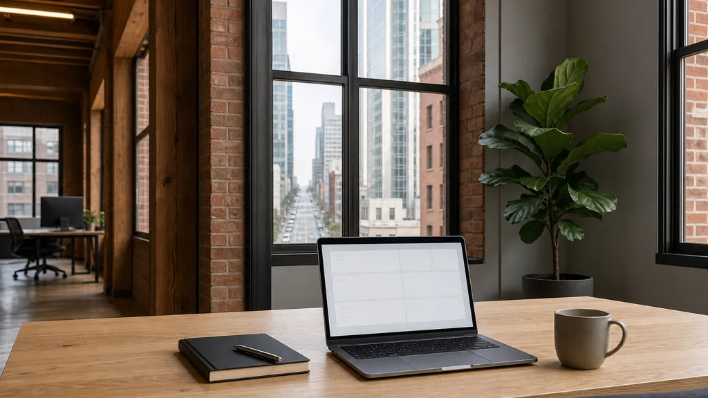 Editorial photograph of an empty modern paid search agency workspace in a San Francisco SoMa brick-and-timber office with tall windows onto fog and a steep street, a laptop showing a blank dashboard, a notebook and a ceramic mug on a pale oak desk, no people and no signage