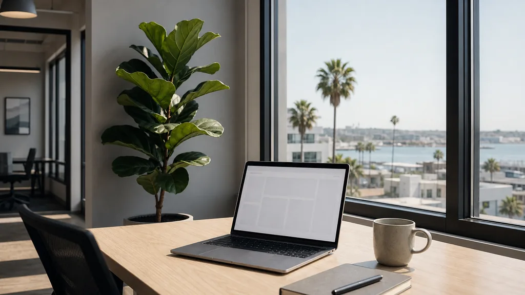 Editorial photograph of an empty modern paid search agency workspace in a San Diego low-rise stucco office with wide windows onto jacaranda trees and a bright coastal sky, a laptop showing a blank dashboard, a notebook and a ceramic mug on a pale oak desk, no people and no signage
