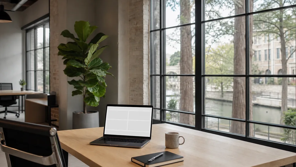 Editorial photograph of an empty modern paid search agency workspace in a San Antonio limestone office with arched windows onto a river walk and cypress trees, a laptop showing a blank dashboard, a notebook and a ceramic mug on a pale oak desk, no people and no signage