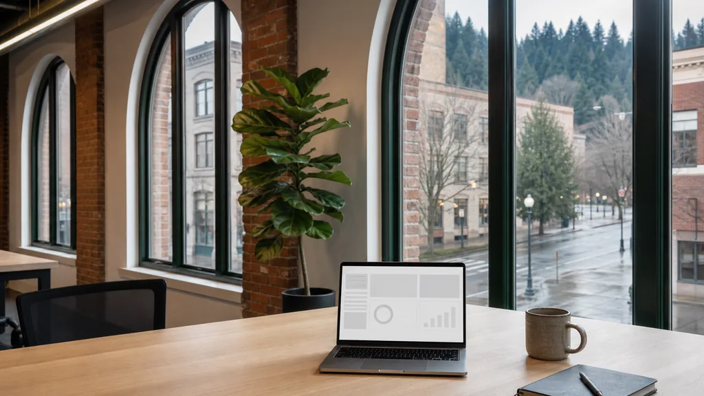Editorial photograph of an empty modern paid search agency workspace in a Seattle Pioneer Square brick office with tall windows onto rain-wet streets and evergreen hills, a laptop showing a blank dashboard, a notebook and a ceramic mug on a pale oak desk, no people and no signage