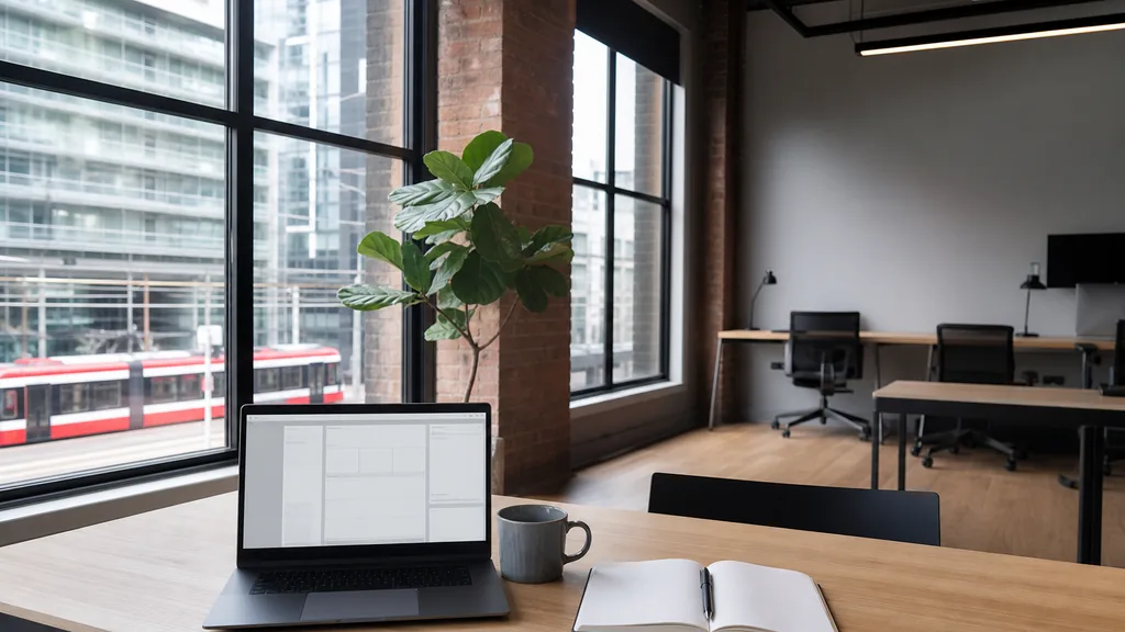 Editorial photograph of an empty modern paid search agency workspace in a Toronto King West warehouse office with tall windows onto glass condo towers and a streetcar line, a laptop showing a blank dashboard, a notebook and a ceramic mug on a pale oak desk, no people and no signage