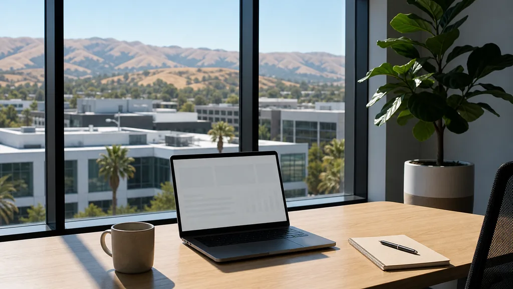 Editorial photograph of an empty modern paid search agency workspace in a San Jose low-rise office park suite with wide windows onto palm trees and the Diablo foothills, a laptop showing a blank dashboard, a notebook and a ceramic mug on a pale oak desk, no people and no signage
