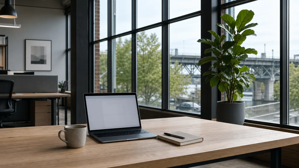 Editorial photograph of an empty modern paid search agency workspace in a Portland Pearl District warehouse office with steel windows onto rain, bridges and Douglas firs, a laptop showing a blank dashboard, a notebook and a ceramic mug on a pale oak desk, no people and no signage