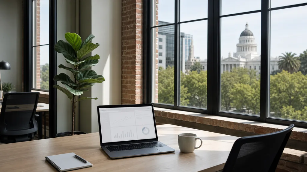 Editorial photograph of an empty modern paid search agency workspace in a Sacramento midtown craftsman office with tall windows onto elm trees and a wide flat street, a laptop showing a blank dashboard, a notebook and a ceramic mug on a pale oak desk, no people and no signage