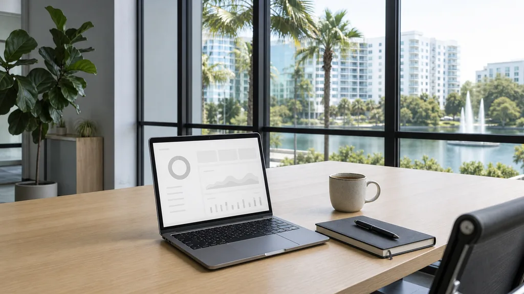 Editorial photograph of an empty modern paid search agency workspace in an Orlando low-rise office with wide windows onto palms, a lake and towering afternoon clouds, a laptop showing a blank dashboard, a notebook and a ceramic mug on a pale oak desk, no people and no signage