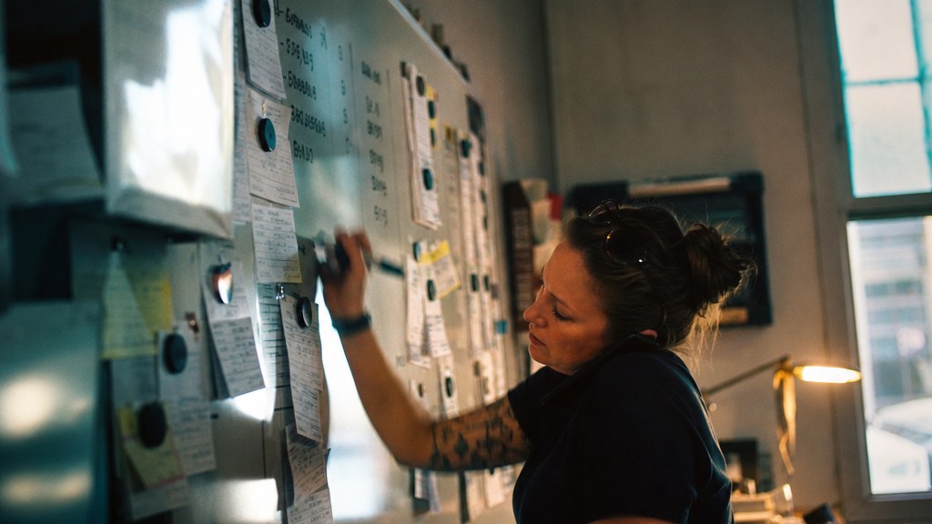 Dispatcher writing a caller's address on a roofing office whiteboard