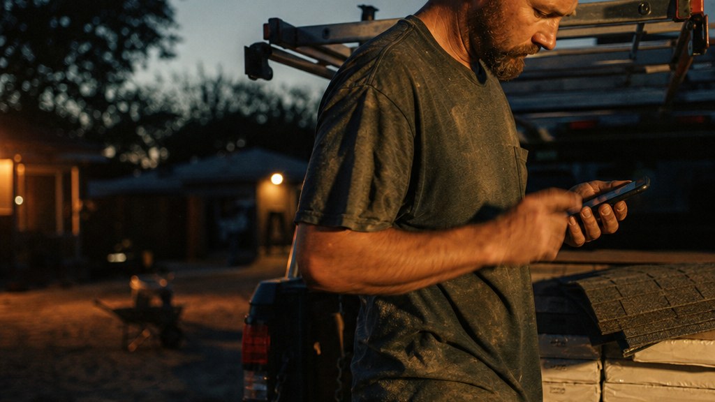Roofing company owner checking call logs in his truck bed at dawn