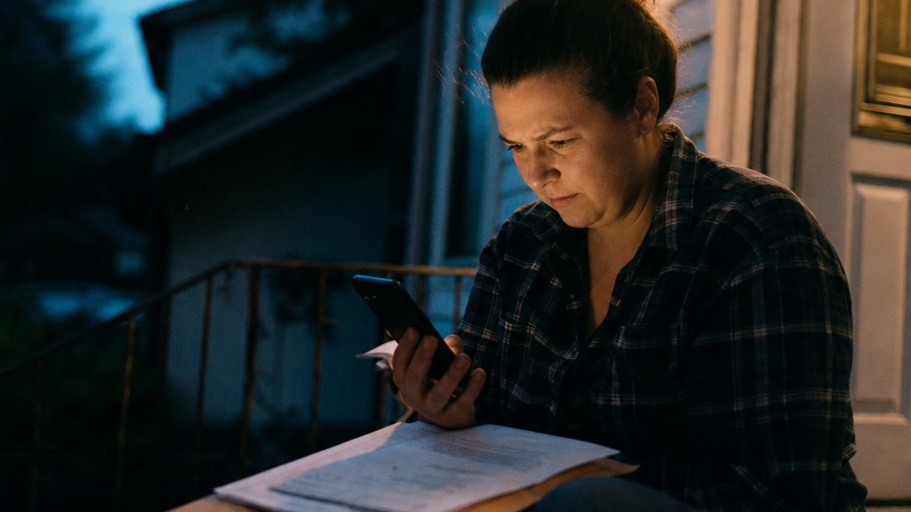 Homeowner on a porch step reading a roofing website on her phone at dusk
