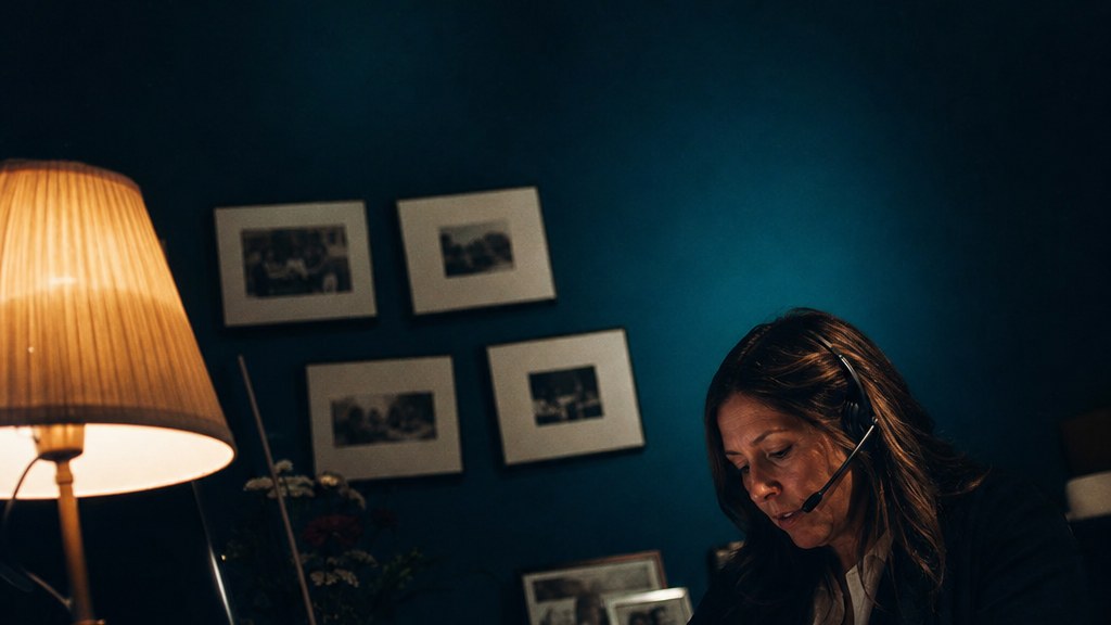 Admissions counsellor on a headset writing a family's notes by hand