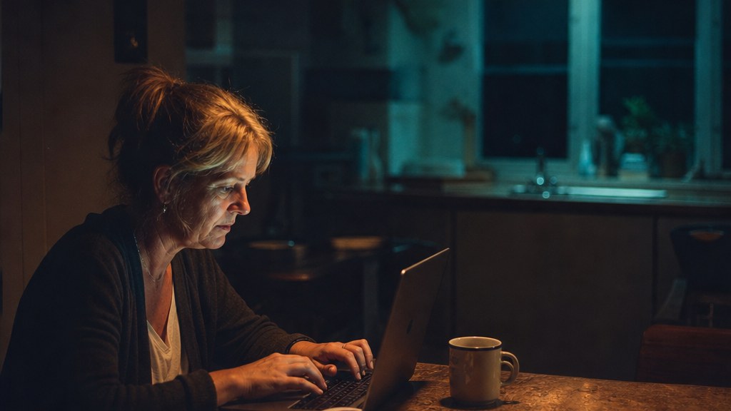 Woman at a kitchen table at night researching care options on a laptop