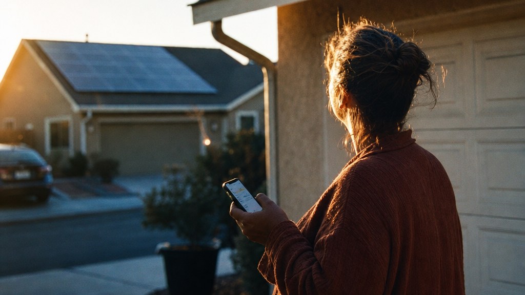 Homeowner in a driveway at golden hour looking up at her own roof