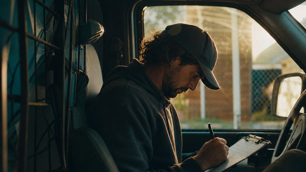 Solar sales rep reviewing handwritten appointment notes in a parked van