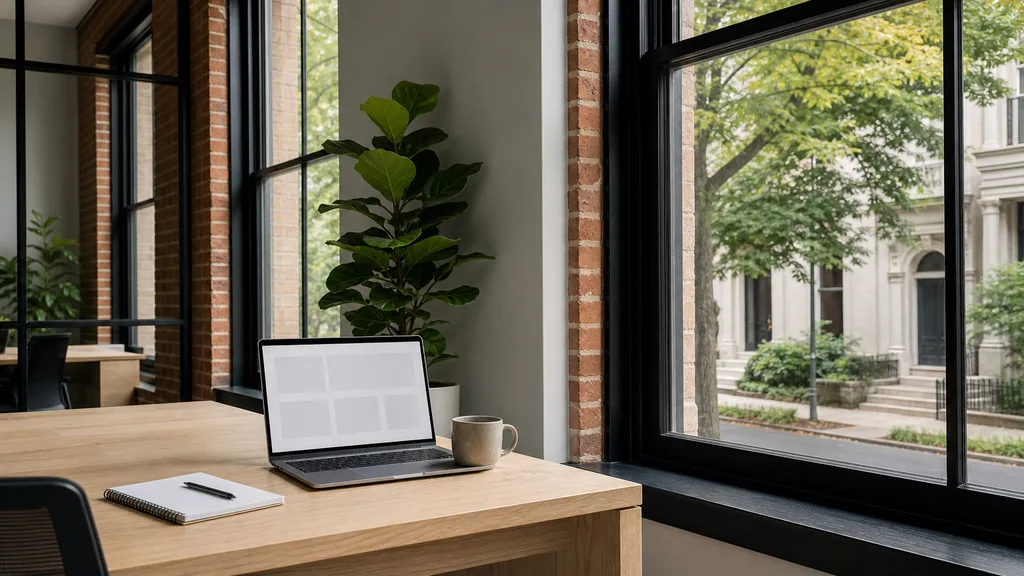 Editorial photograph of an empty modern paid search agency workspace in a Washington DC brick townhouse office with tall sash windows onto a leafy street and limestone facades, a laptop showing a blank dashboard, a notebook and a ceramic mug on a pale oak desk, no people and no signage