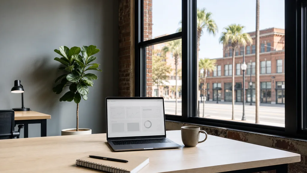 Editorial photograph of an empty modern paid search agency workspace in a Tampa Ybor City brick office with tall windows onto palm trees and a wide sunlit street, a laptop showing a blank dashboard, a notebook and a ceramic mug on a pale oak desk, no people and no signage