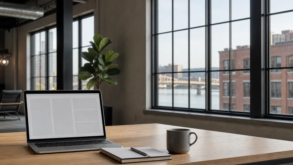 Editorial photograph of an empty modern paid search agency workspace in a Pittsburgh Strip District warehouse office with steel windows onto brick buildings and a river bridge, a laptop showing a blank dashboard, a notebook and a ceramic mug on a pale oak desk, no people and no signage