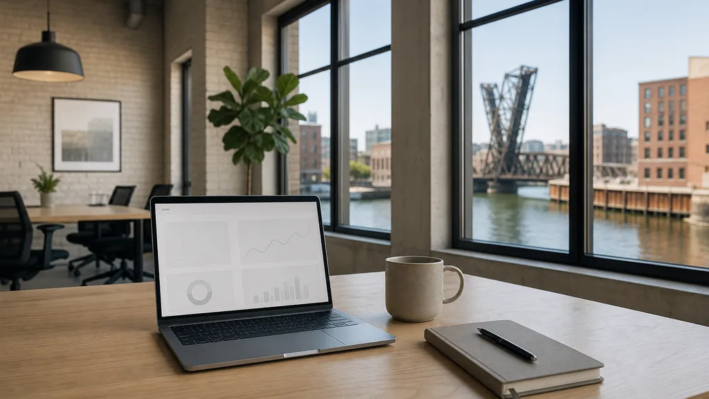 Editorial photograph of an empty modern paid search agency workspace in a Milwaukee Third Ward cream brick loft office with tall windows onto a canal and a lift bridge, a laptop showing a blank dashboard, a notebook and a ceramic mug on a pale oak desk, no people and no signage