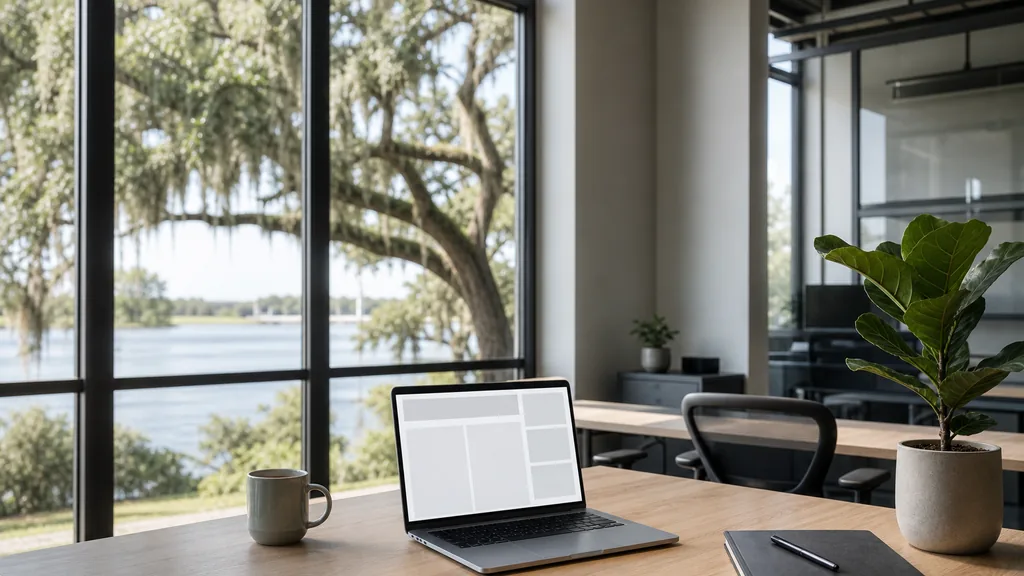 Editorial photograph of an empty modern paid search agency workspace in a Jacksonville Riverside office with wide windows onto live oaks, Spanish moss and river water, a laptop showing a blank dashboard, a notebook and a ceramic mug on a pale oak desk, no people and no signage