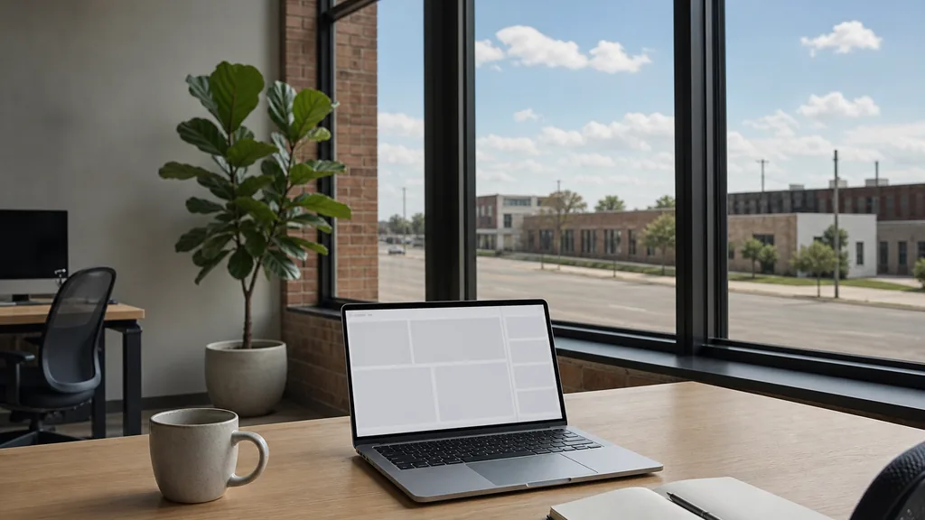 Editorial photograph of an empty modern paid search agency workspace in an Oklahoma City Automobile Alley brick office with tall windows onto a wide street and a big sky, a laptop showing a blank dashboard, a notebook and a ceramic mug on a pale oak desk, no people and no signage
