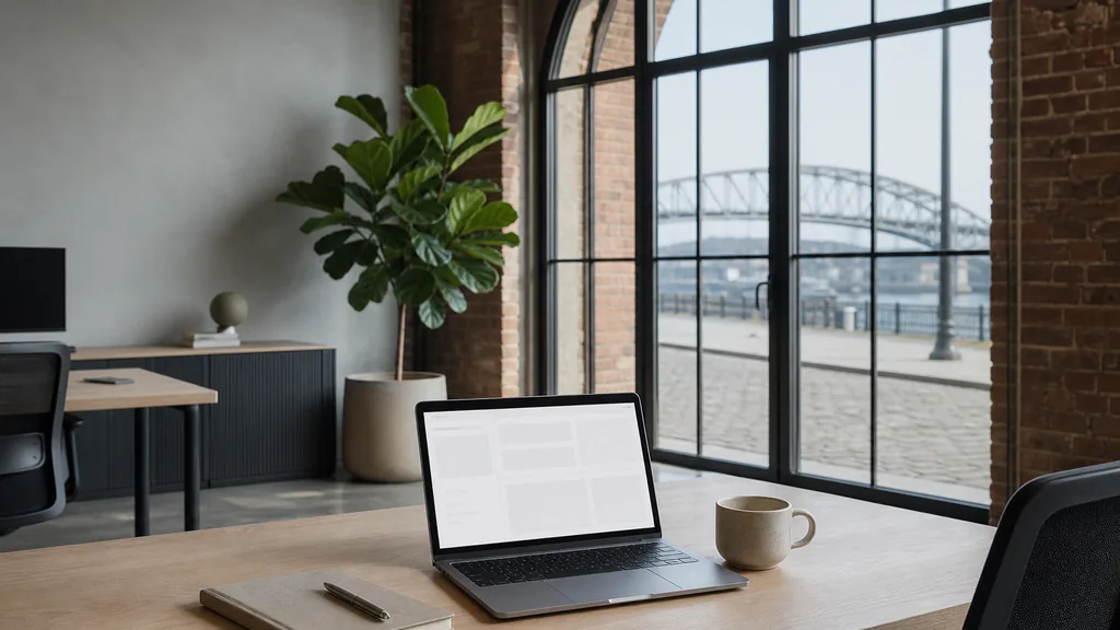 Editorial photograph of an empty modern paid search agency workspace in a Memphis downtown brick warehouse office with tall windows onto a cobbled street and the river, a laptop showing a blank dashboard, a notebook and a ceramic mug on a pale oak desk, no people and no signage