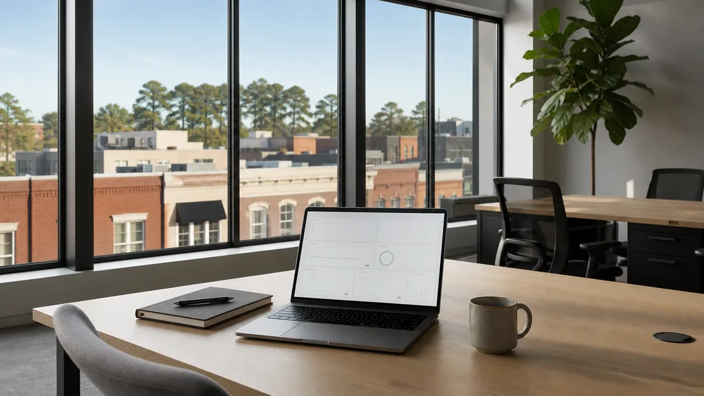 Editorial photograph of an empty modern paid search agency workspace in a Raleigh downtown office with tall windows onto brick storefronts, pines and a clear sky, a laptop showing a blank dashboard, a notebook and a ceramic mug on a pale oak desk, no people and no signage