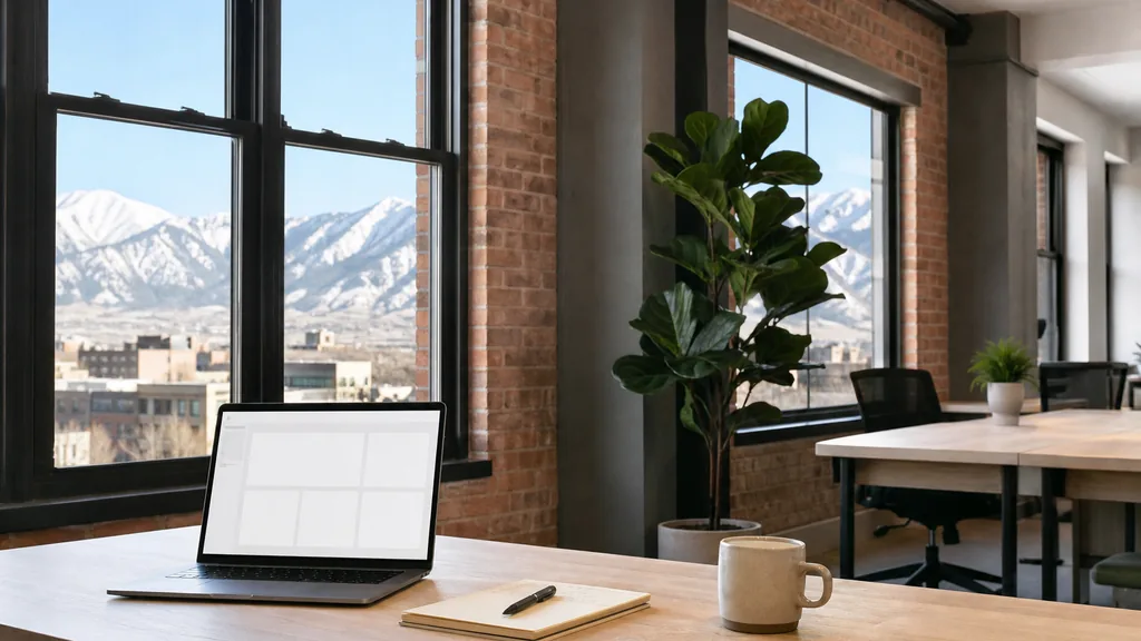 Editorial photograph of an empty modern paid search agency workspace in a Salt Lake City Granary District brick office with tall windows onto snow-capped Wasatch peaks, a laptop showing a blank dashboard, a notebook and a ceramic mug on a pale oak desk, no people and no signage