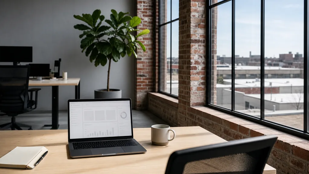 Editorial photograph of an empty modern paid search agency workspace in a Kansas City Crossroads brick loft office with tall windows onto low warehouses and a wide sky, a laptop showing a blank dashboard, a notebook and a ceramic mug on a pale oak desk, no people and no signage