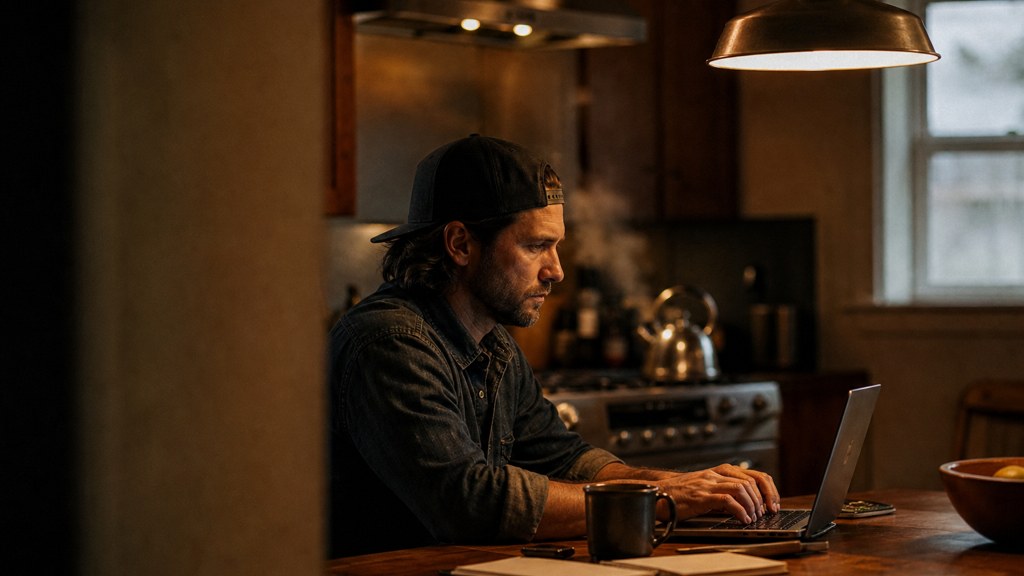 A service-business owner at a kitchen table typing a question into a laptop while a kettle steams behind, photographed in Fort Worth