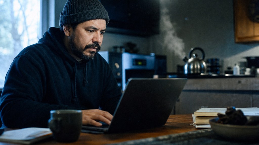 A service-business owner at a kitchen table typing a question into a laptop while a kettle steams behind, photographed in Fresno