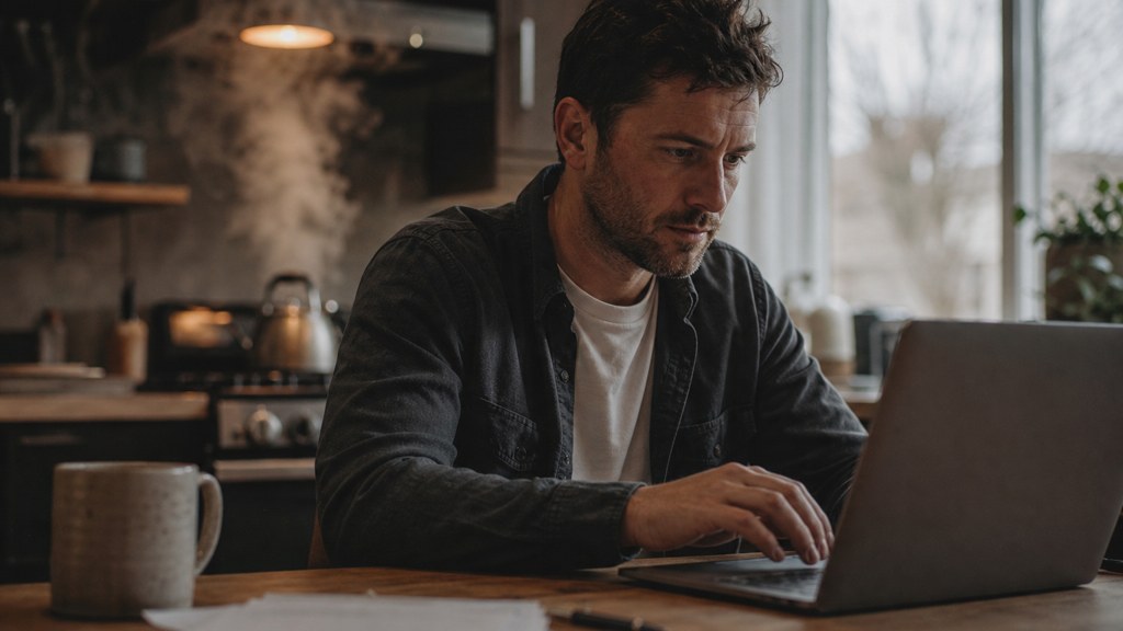 A service-business owner at a kitchen table typing a question into a laptop while a kettle steams behind, photographed in Frisco