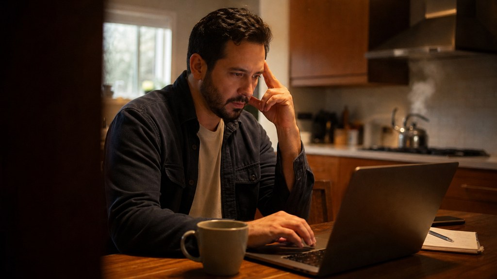 A service-business owner at a kitchen table typing a question into a laptop while a kettle steams behind, photographed in Glendale