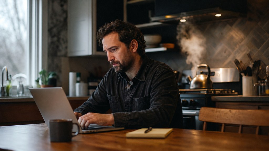 A service-business owner at a kitchen table typing a question into a laptop while a kettle steams behind, photographed in Greensboro