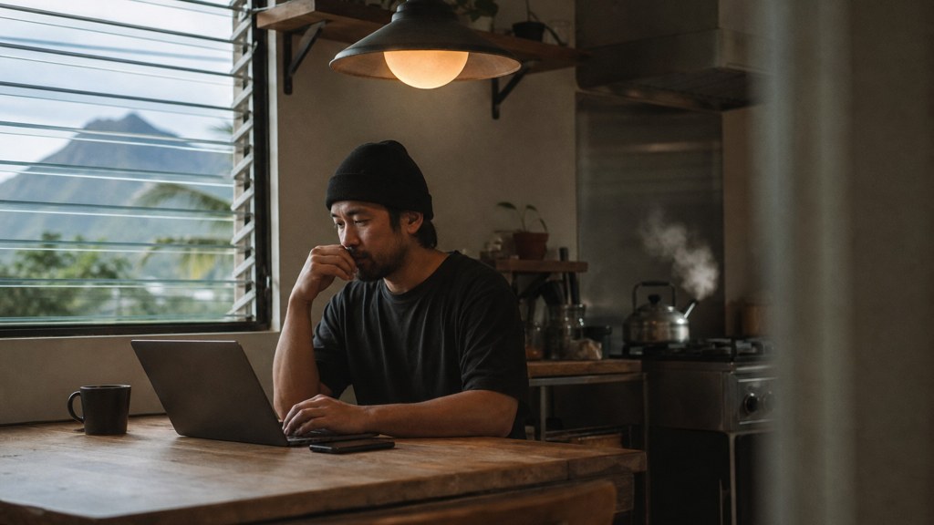 A service-business owner at a kitchen table typing a question into a laptop while a kettle steams behind, photographed in Honolulu