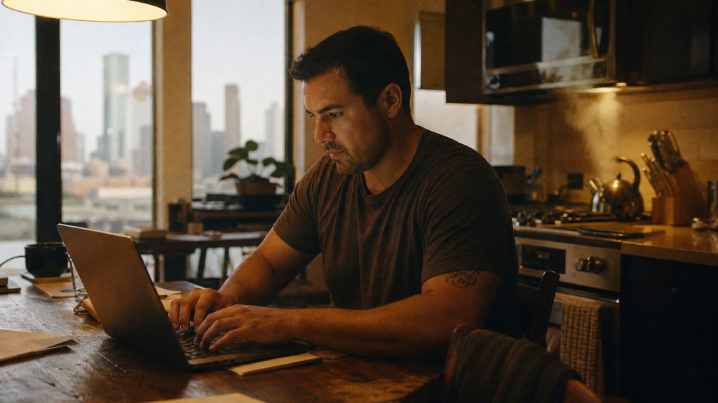 A service-business owner at a kitchen table typing a question into a laptop while a kettle steams behind, photographed in Houston