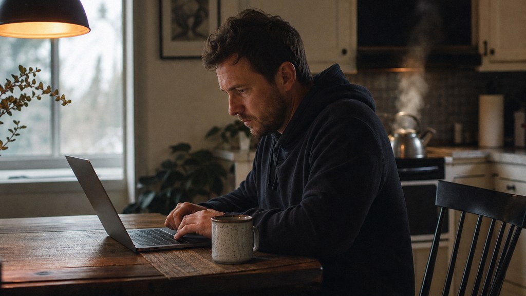 A service-business owner at a kitchen table typing a question into a laptop while a kettle steams behind, photographed in Huntsville