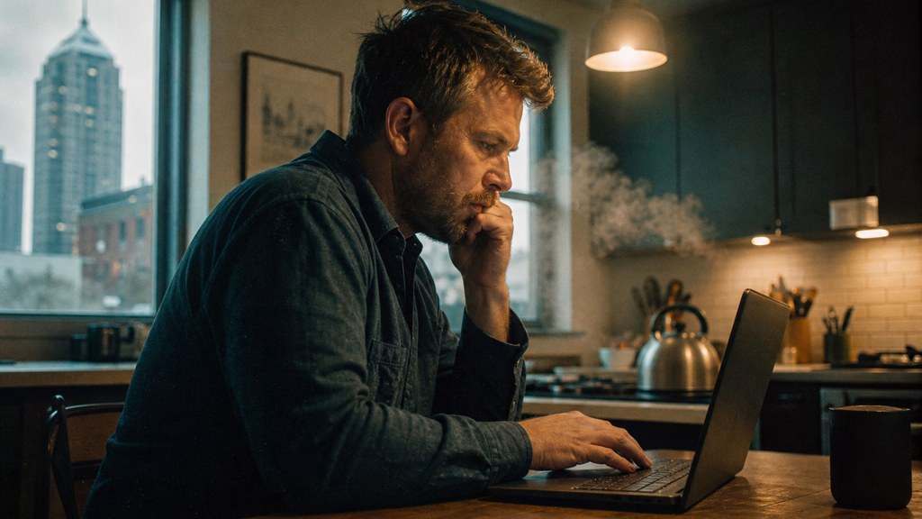 A service-business owner at a kitchen table typing a question into a laptop while a kettle steams behind, photographed in Indianapolis