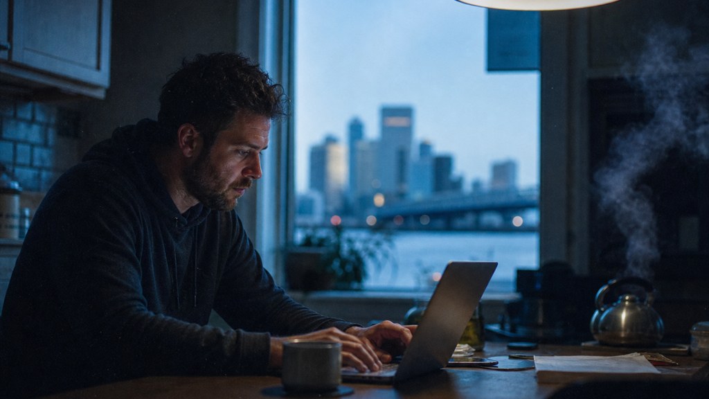A service-business owner at a kitchen table typing a question into a laptop while a kettle steams behind, photographed in Jacksonville
