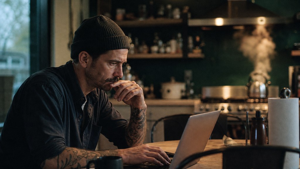 A service-business owner at a kitchen table typing a question into a laptop while a kettle steams behind, photographed in Kansas City