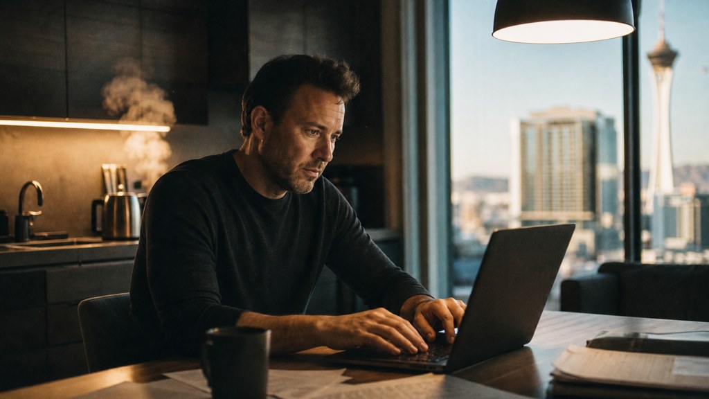 A service-business owner at a kitchen table typing a question into a laptop while a kettle steams behind, photographed in Las Vegas
