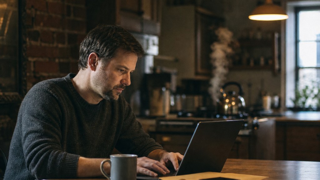 A service-business owner at a kitchen table typing a question into a laptop while a kettle steams behind, photographed in Lexington