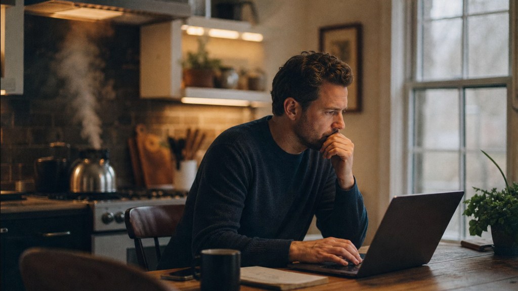 A service-business owner at a kitchen table typing a question into a laptop while a kettle steams behind, photographed in Little Rock