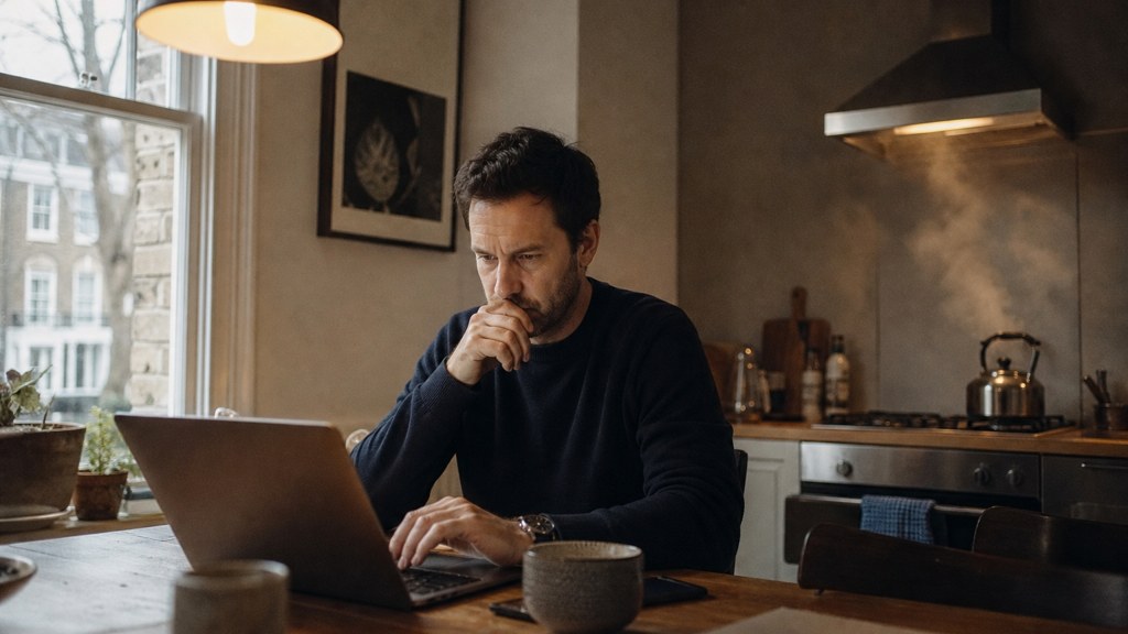 A service-business owner at a kitchen table typing a question into a laptop while a kettle steams behind, photographed in London