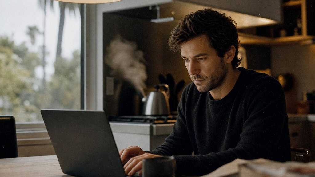 A service-business owner at a kitchen table typing a question into a laptop while a kettle steams behind, photographed in Los Angeles