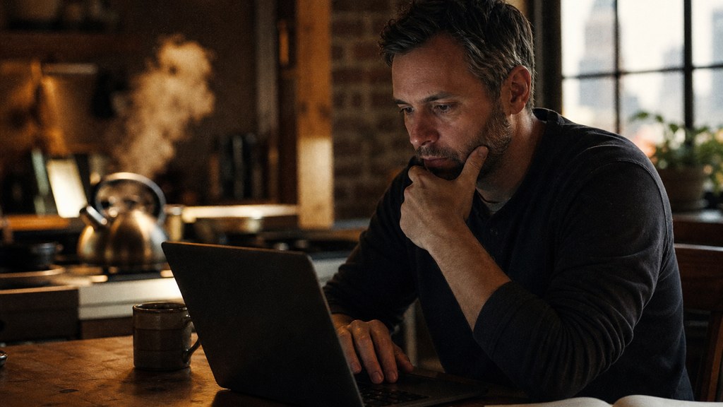 A service-business owner at a kitchen table typing a question into a laptop while a kettle steams behind, photographed in Louisville