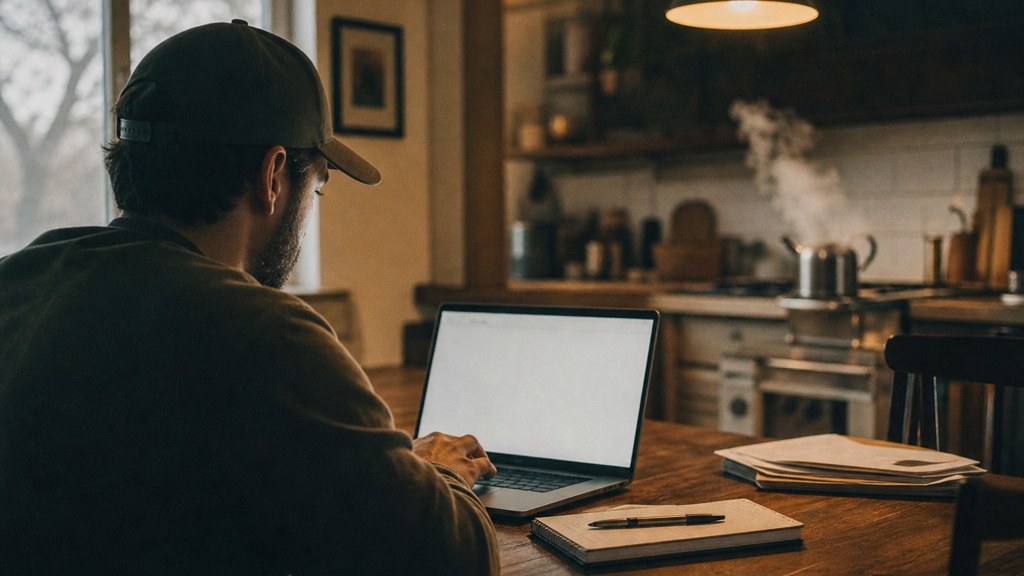 A service-business owner at a kitchen table typing a question into a laptop while a kettle steams behind, photographed in Lubbock