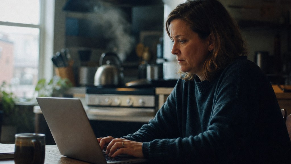 A service-business owner at a kitchen table typing a question into a laptop while a kettle steams behind, photographed in Madison