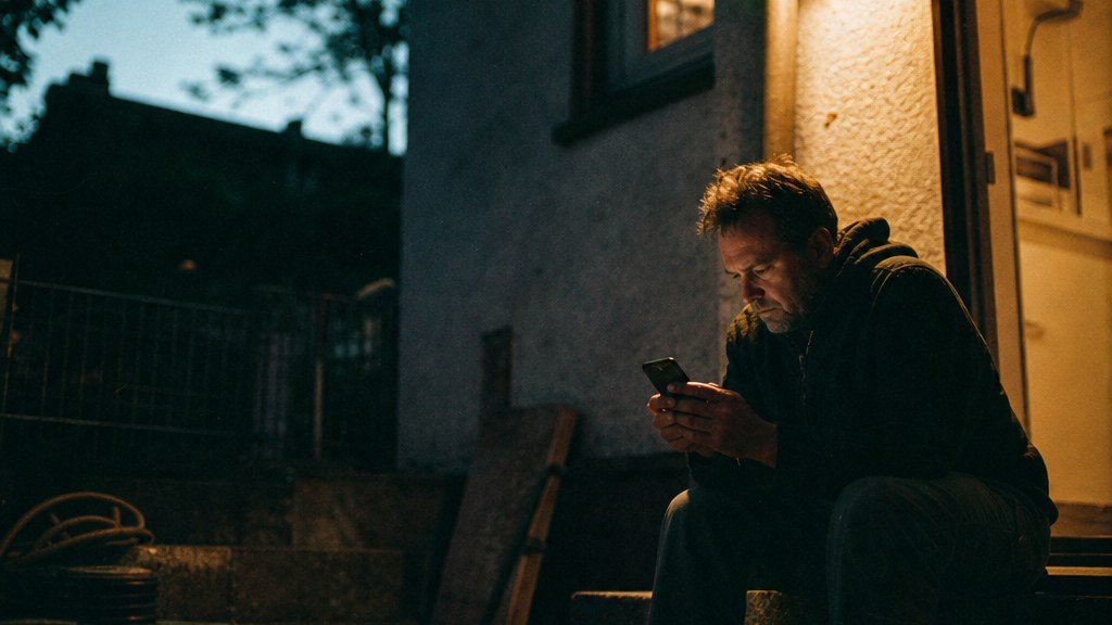 Homeowner on a back step at dusk comparing solar quotes on a phone
