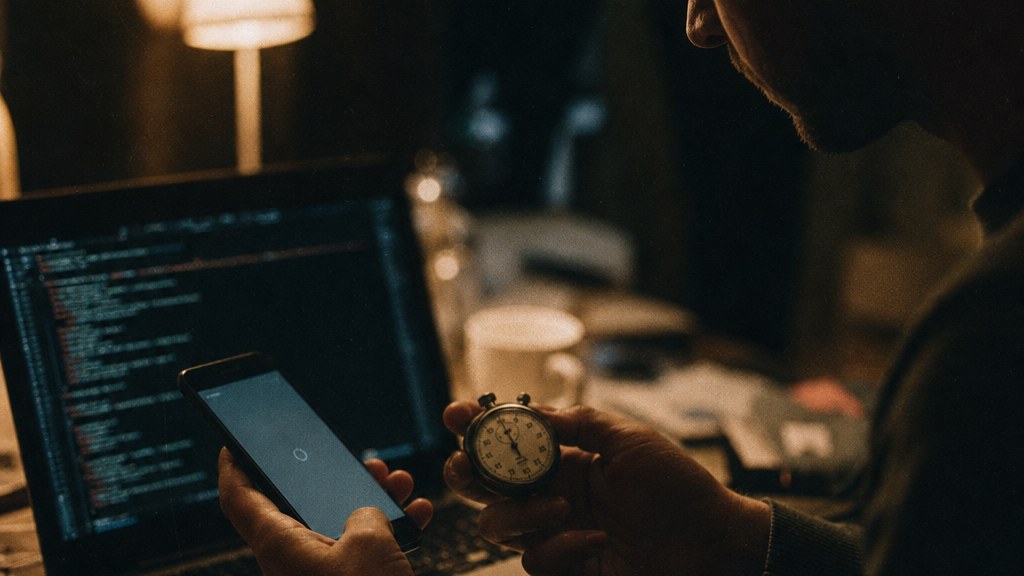 Developer testing a slow page on a handset beside a stopwatch